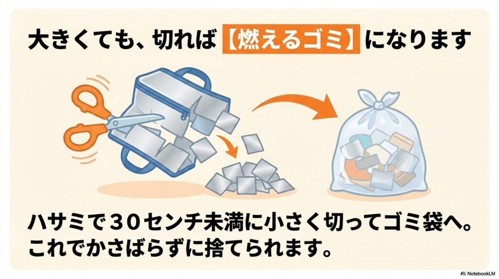 大きな保冷バッグでも、ハサミで30センチ未満に小さく切れば燃えるゴミとして捨てられる方法を紹介しています。