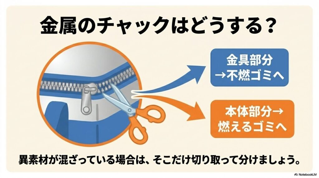 金属製のチャックなどの異素材が含まれる場合は、その部分だけを切り取って分別することを推奨しています。