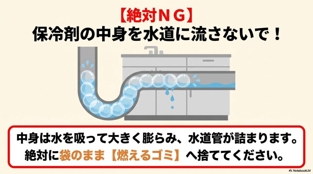保冷剤の中身を水道に流すと配管が詰まる危険性があるため、袋のまま燃えるゴミに出すよう強く警告しています。