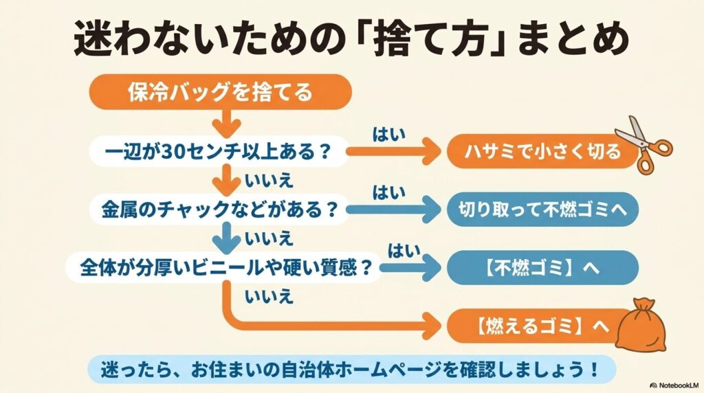 サイズや素材、パーツの有無に応じて保冷バッグの捨て方を判断できる、わかりやすいフローチャートのまとめです。