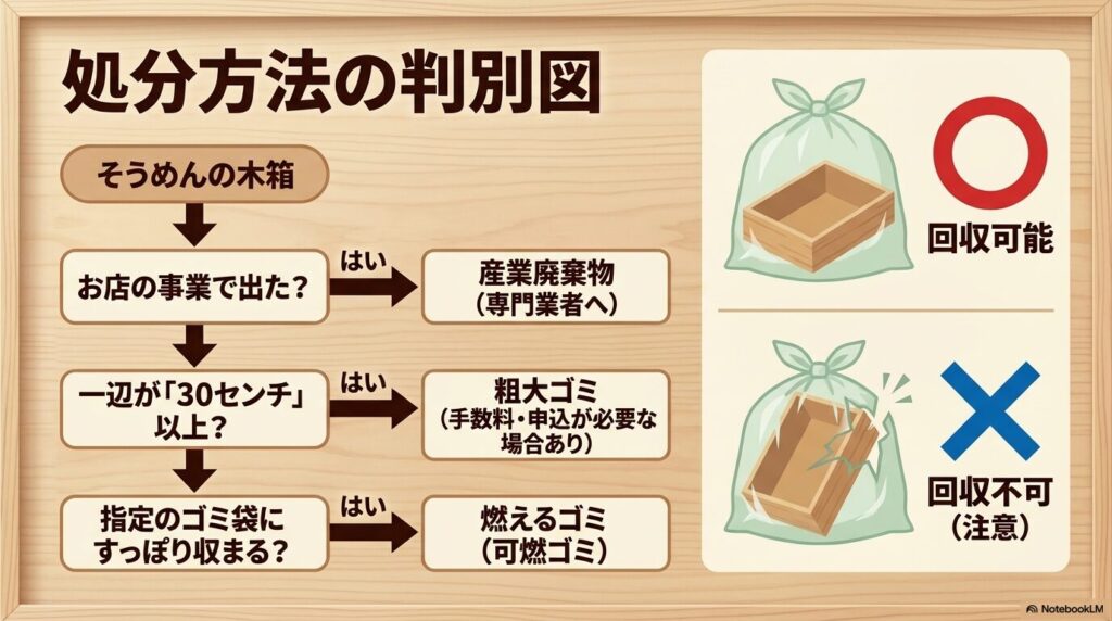 事業ゴミ、粗大ゴミ、燃えるゴミのどれに該当するかを判断するためのフローチャート。