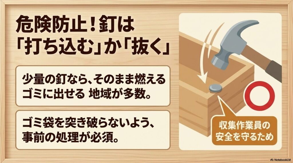 収集作業員の安全のため、ゴミ袋を突き破らないよう釘を打ち込むか抜く処理を説明するスライド。