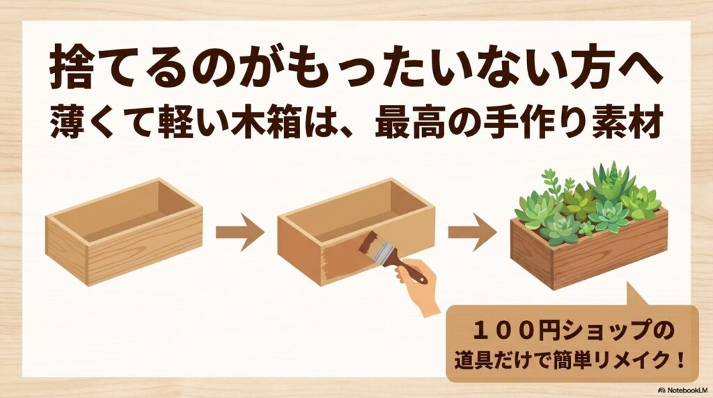 そうめん木箱を100円ショップの道具でリメイクし、プランターとして活用する方法を提案するスライド。