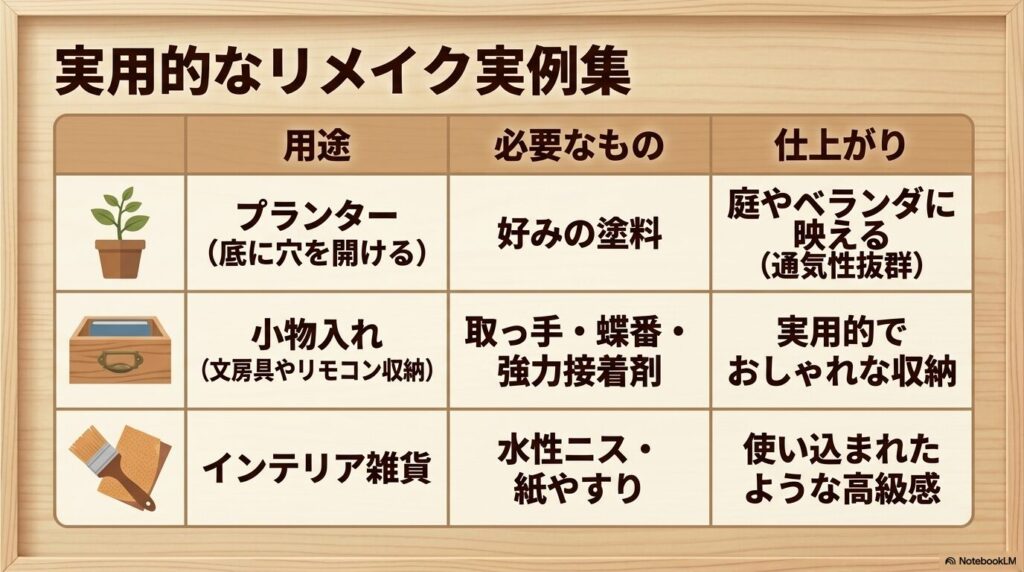 プランター、小物入れ、インテリア雑貨としてのリメイク例と必要な道具、仕上がりをまとめた表。
