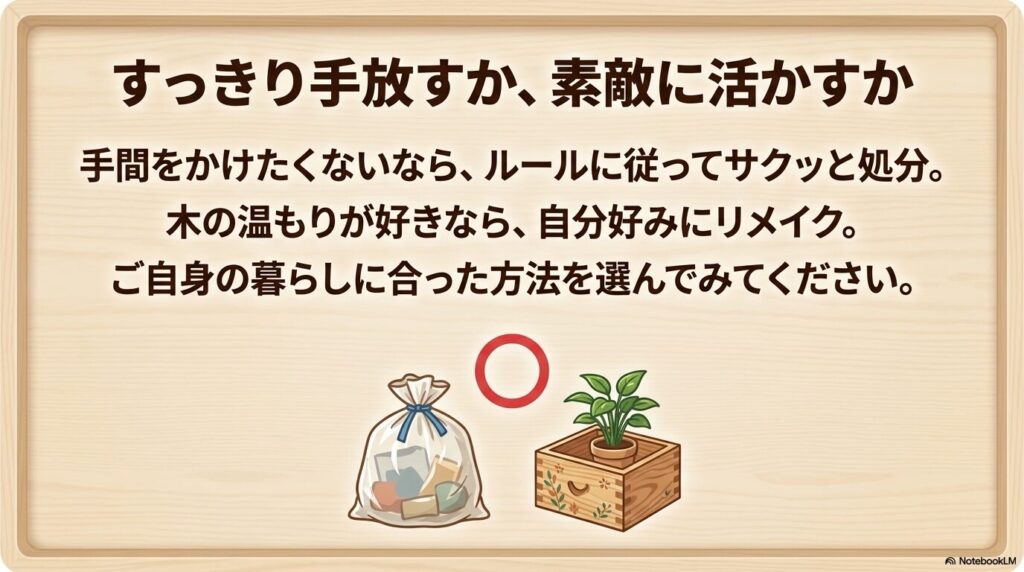手間をかけずに処分するかリメイクして活用するか、自分に合った方法を選ぶよう促すまとめのスライド。