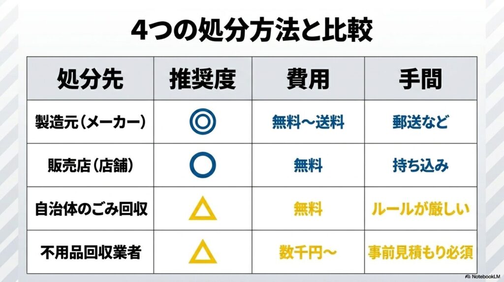 製造元、販売店、自治体、回収業者の4つの処分方法を、推奨度、費用、手間で比較した表です。