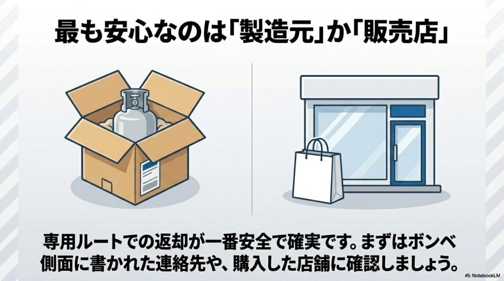 製造元や販売店への専用ルートでの返却が、最も安全で確実な処分方法であることを説明しています。