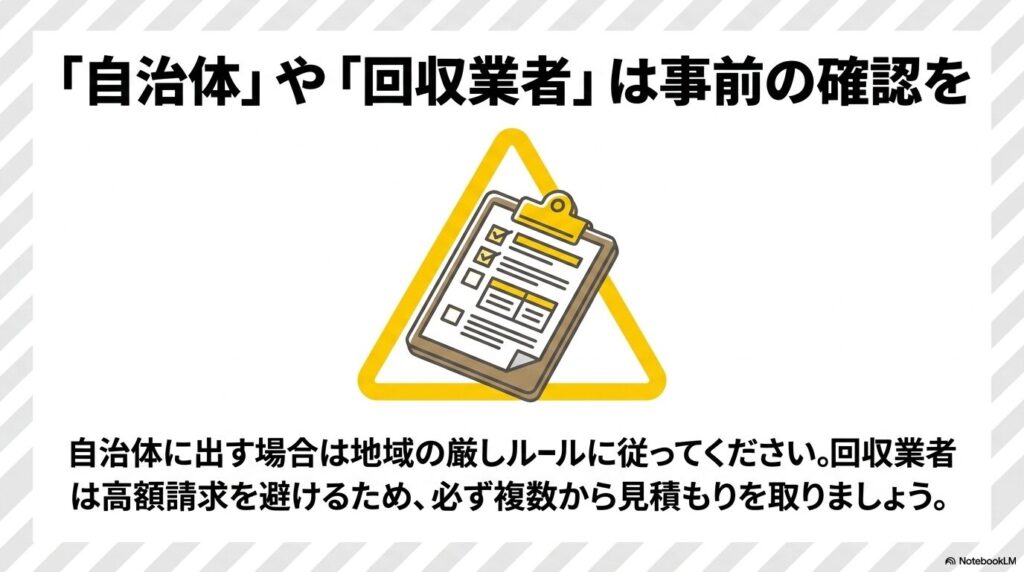 自治体や回収業者を利用する際の、地域ルールの確認や複数見積もりの重要性について説明しています。