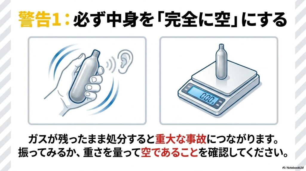 処分前に必ず中身を空にすることの重要性と、振る、重さを量るなどの確認方法を説明しています。
