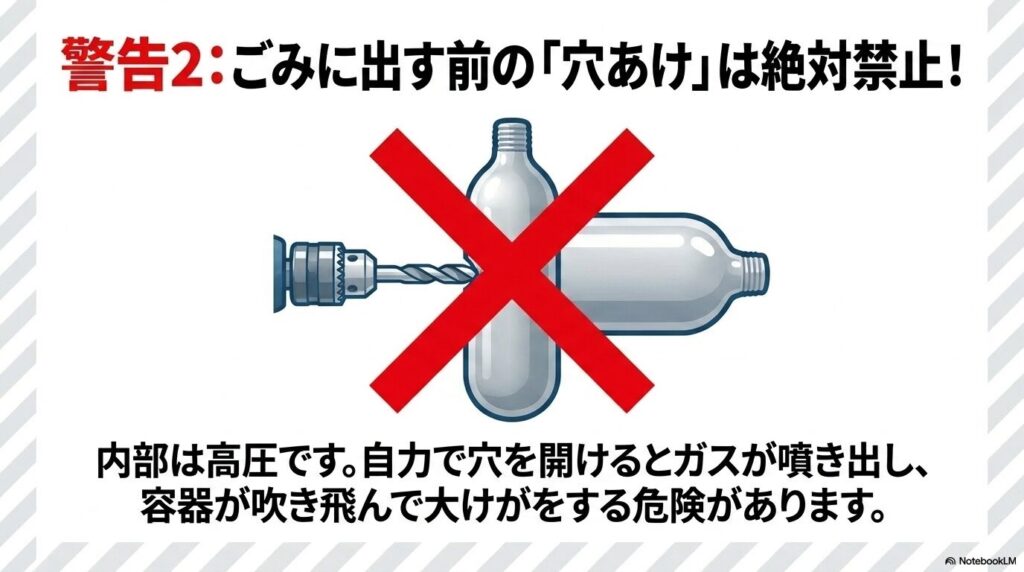 高圧ガスによる怪我や容器の飛散の危険があるため、処分前の穴あけが絶対禁止であることを説明しています。
