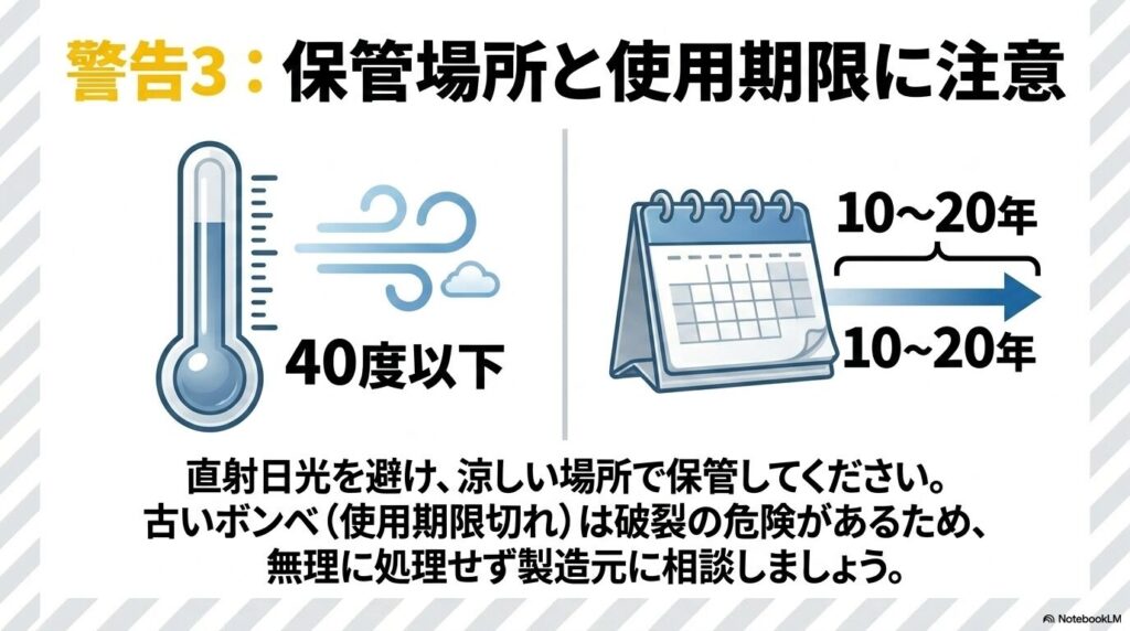 保管場所を40度以下にすることや、使用期限が切れた古いボンベの相談先について説明しています。