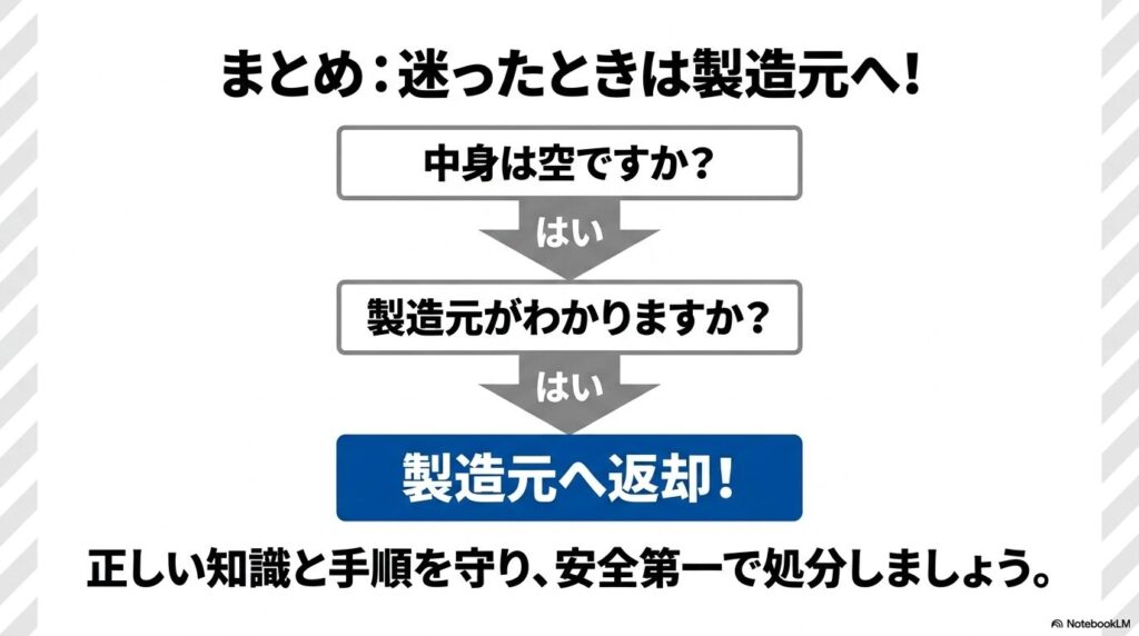 中身の確認から製造元への返却までの手順をまとめた、処分のための判断フローチャートです。