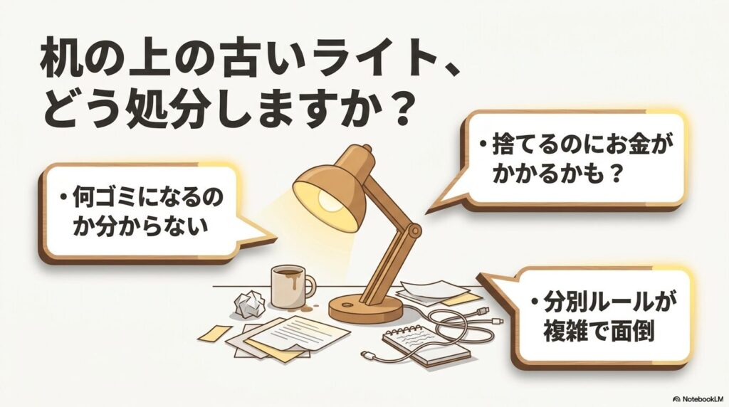 古いライトの処分に際して、ゴミの分類や費用、分別の手間といった悩みがあることを紹介しています。