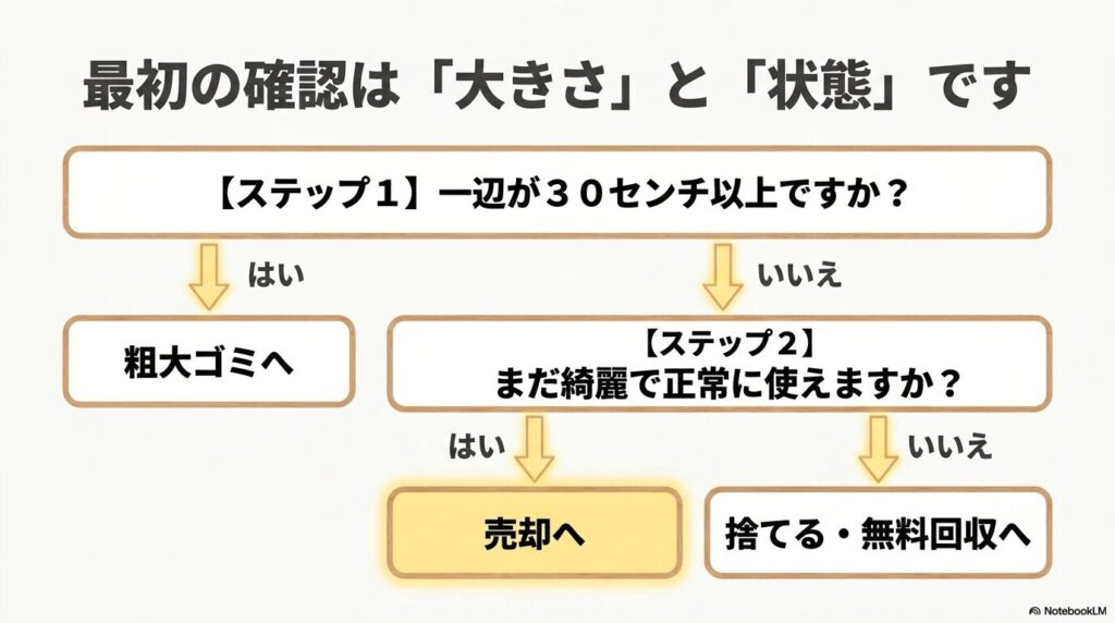 ライトの処分方法を判断するための、大きさ（30cm）と状態に基づくフローチャートです。