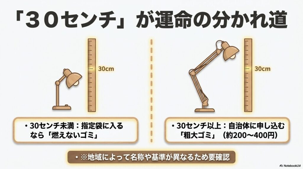 30cmを基準とした「燃えないゴミ」と「粗大ゴミ」の分類、および費用の目安を解説しています。