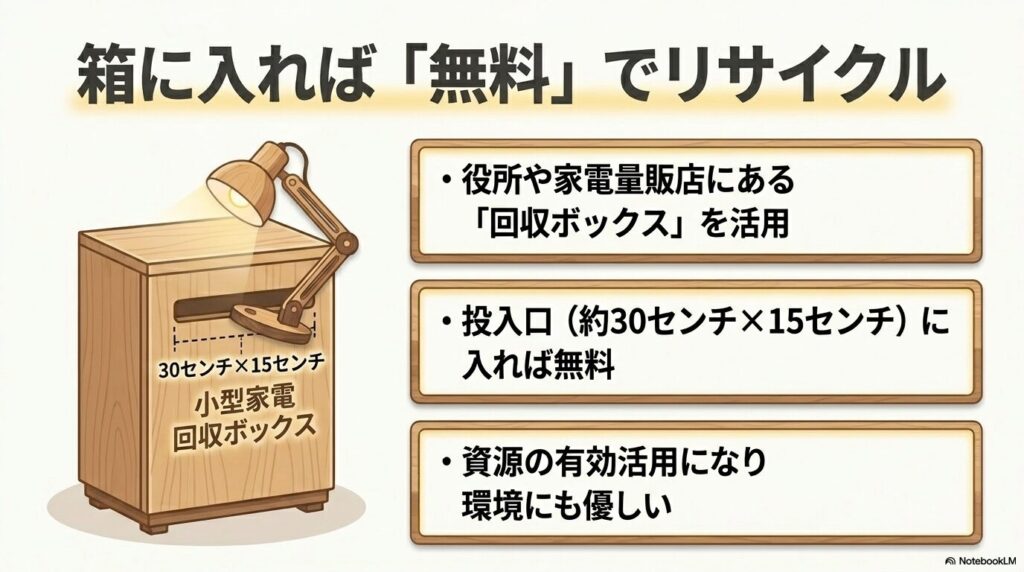 役所などの小型家電回収ボックスを利用した、無料のリサイクル方法について解説しています。
