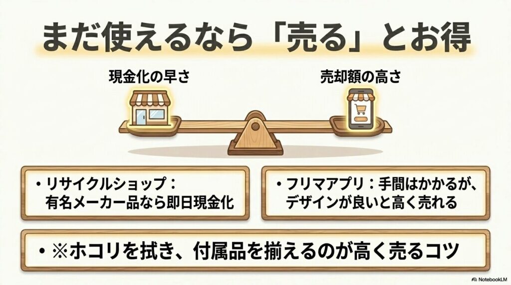 リサイクルショップとフリマアプリの比較と、高く売るためのコツを紹介しています。