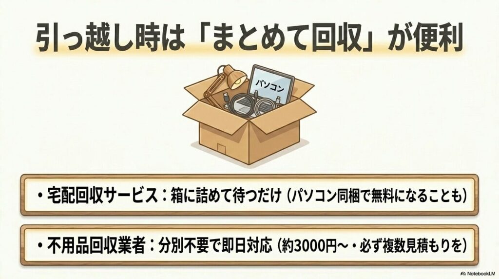 引っ越し時に便利な、宅配回収サービスや不用品回収業者の特徴と費用の目安を解説しています。