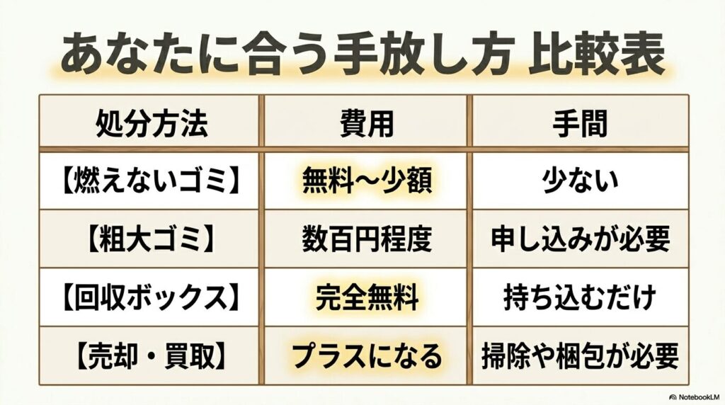 処分方法ごとの費用と手間をひと目で比較できる一覧表です。