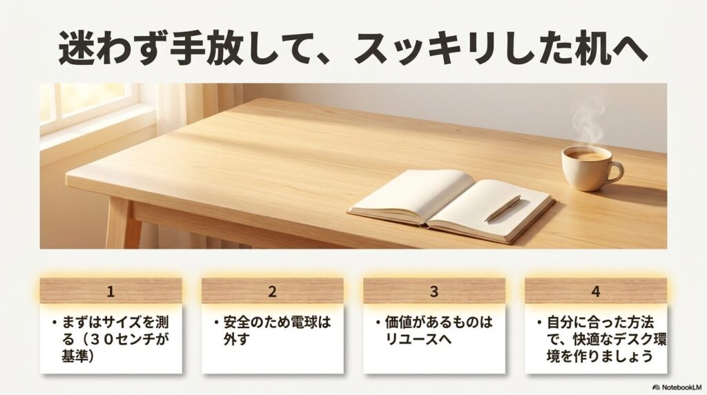 ライト処分のステップを復習し、快適なデスク環境作りを推奨するまとめのスライドです。
