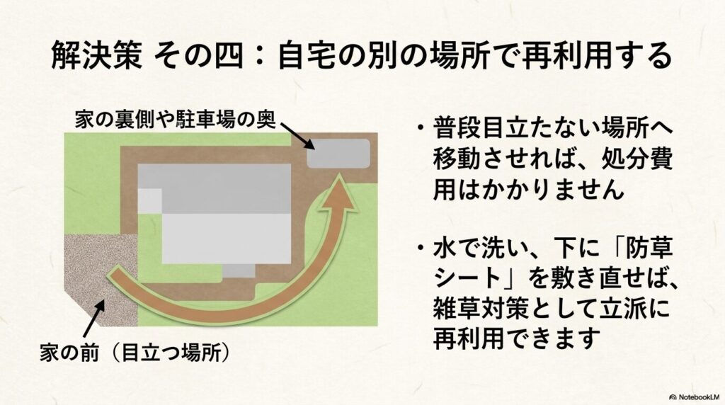 自宅の別の場所へ砂利を移動させ、防草シートと共に再利用する方法を紹介しています。
