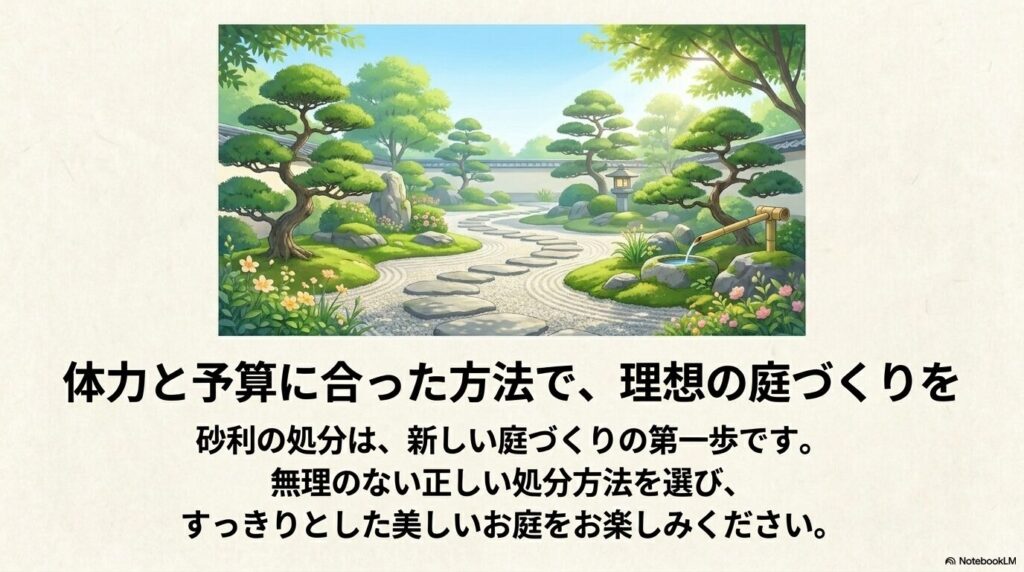 理想の庭づくりのために、体力と予算に合った正しい処分を促すまとめのスライドです。