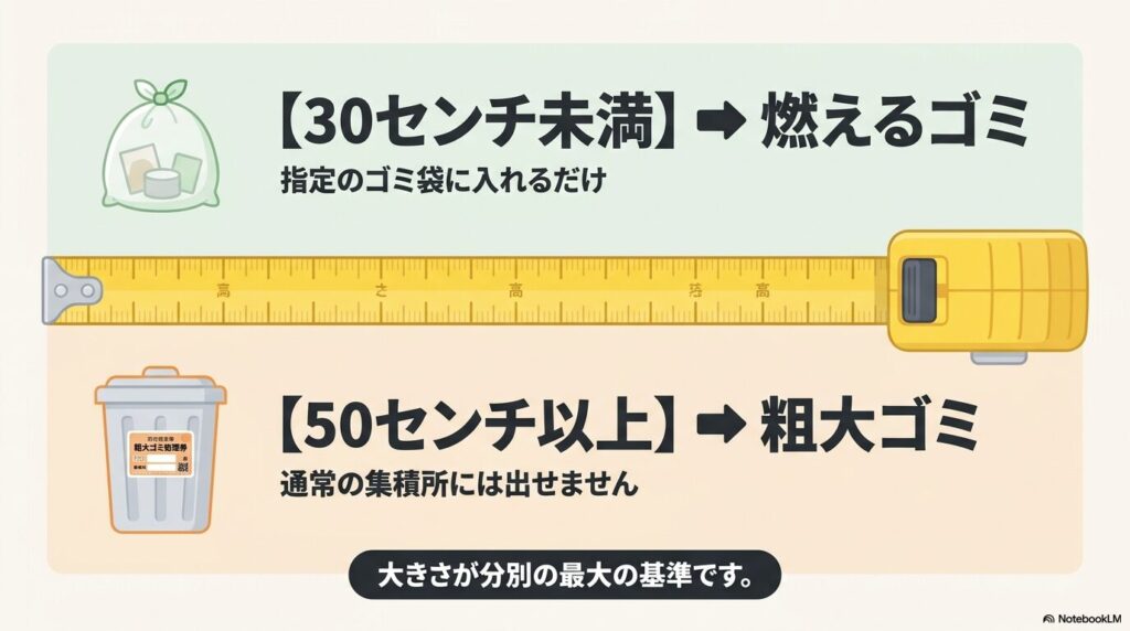 ゴミ箱のサイズによって、30センチ未満なら燃えるゴミ、50センチ以上なら粗大ゴミになる基準を説明。