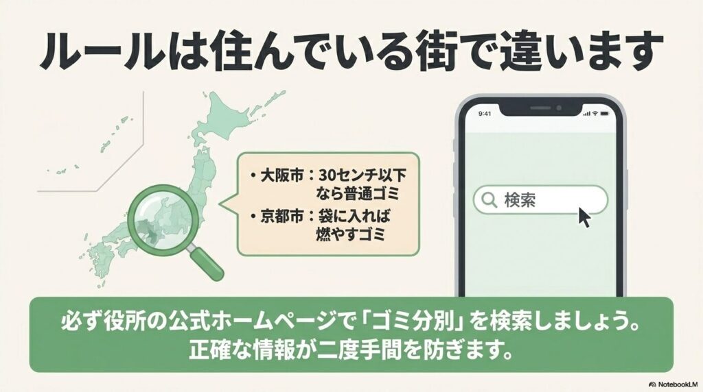 自治体ごとに異なるゴミ出しルールの例と、公式サイトでの検索の重要性を紹介。