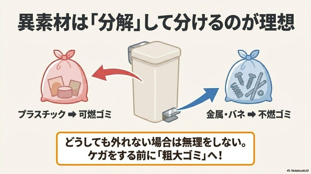異素材が混ざったゴミ箱は、プラスチックと金属パーツに分解して分別することを推奨。