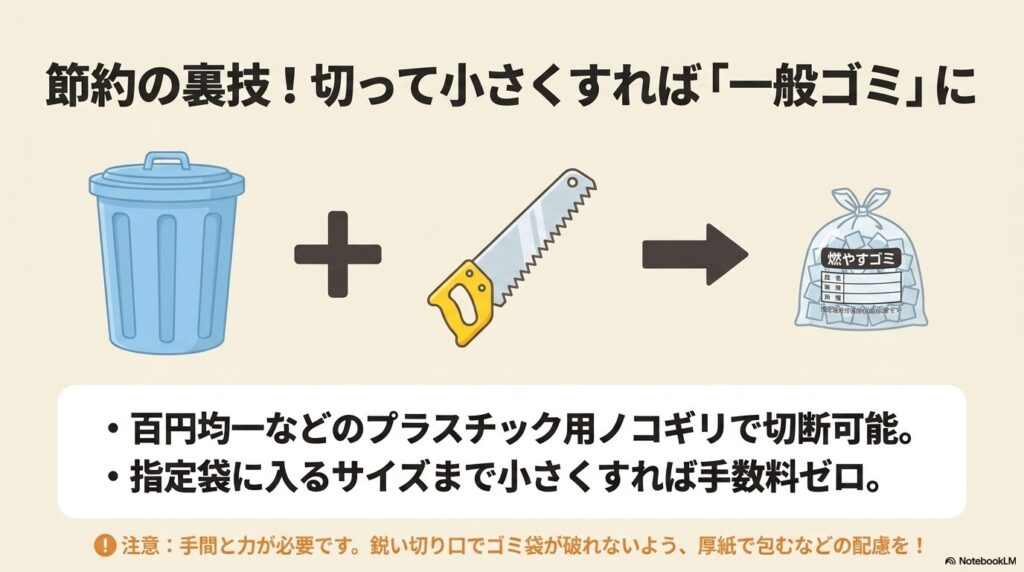 ノコギリで小さく裁断して指定袋に入れることで、処分費用を節約する裏技を紹介。