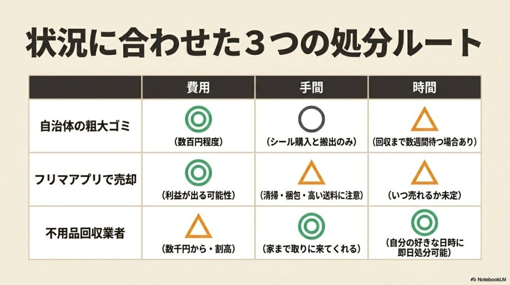 自治体の粗大ゴミ、フリマアプリ、不用品回収業者の3つの処分方法を、費用・手間・時間の面で比較。