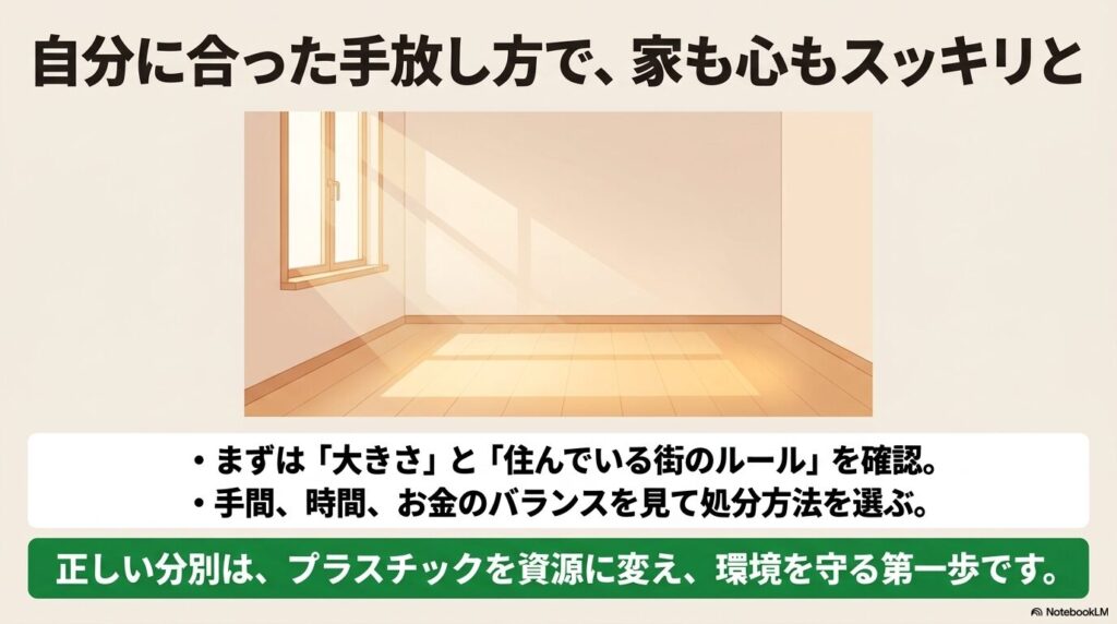 大きさとルールの確認を促し、適切な分別で環境を守ることを呼びかけるまとめの画面。