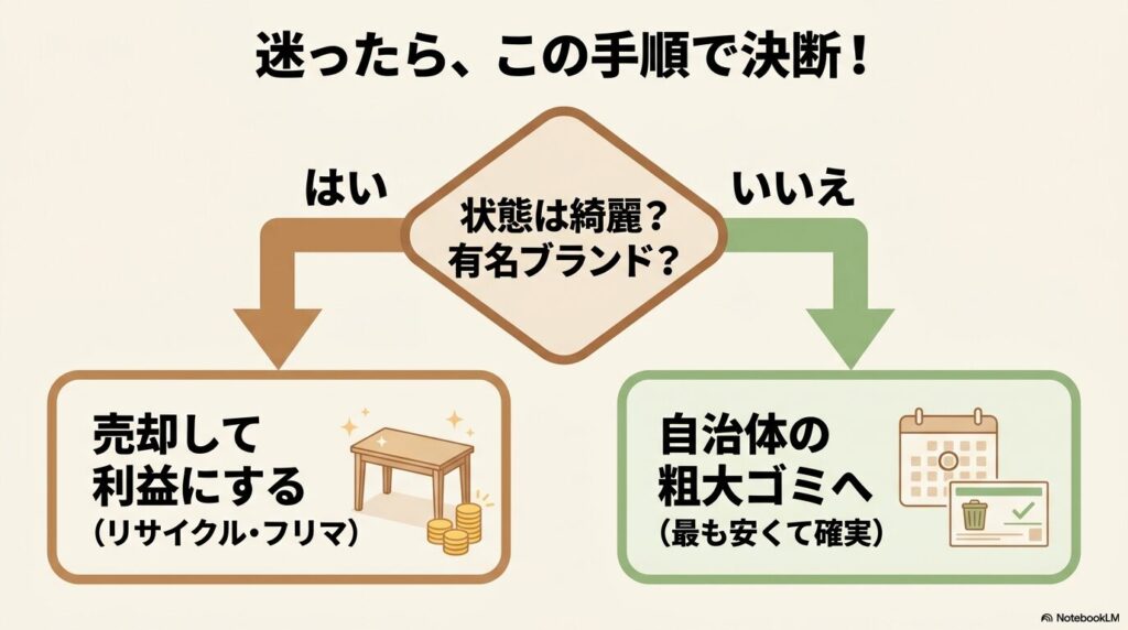 ローテーブルの状態やブランドの有無に応じて、売却か粗大ゴミかを判断する手順を示すフローチャート。