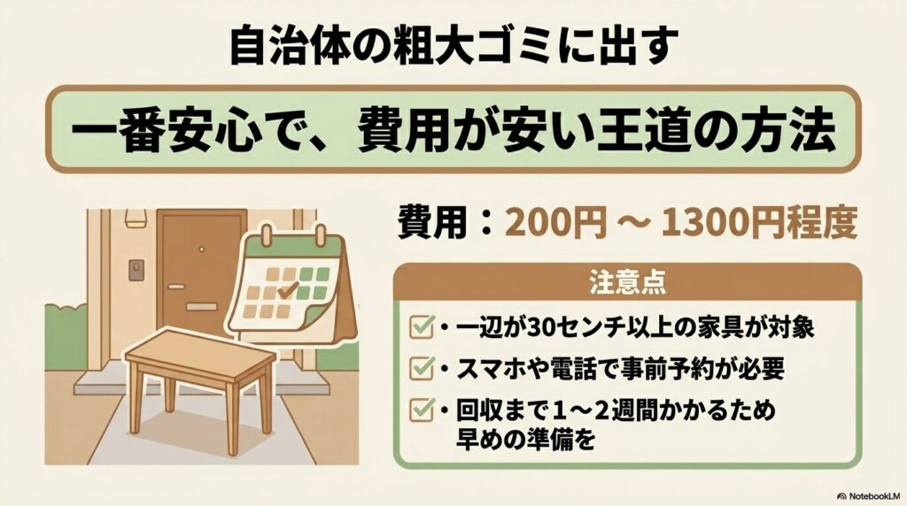 自治体の粗大ゴミ処分の特徴、費用目安（200円〜1300円）、および事前予約などの注意点の解説。