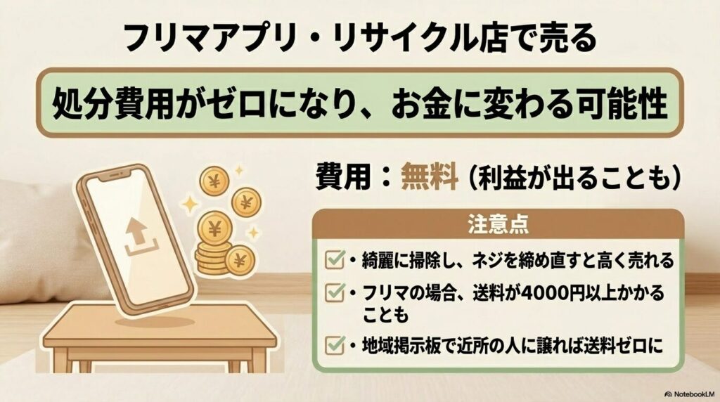 フリマアプリやリサイクルショップでの売却メリット、費用（無料）、および送料などの注意点の解説。
