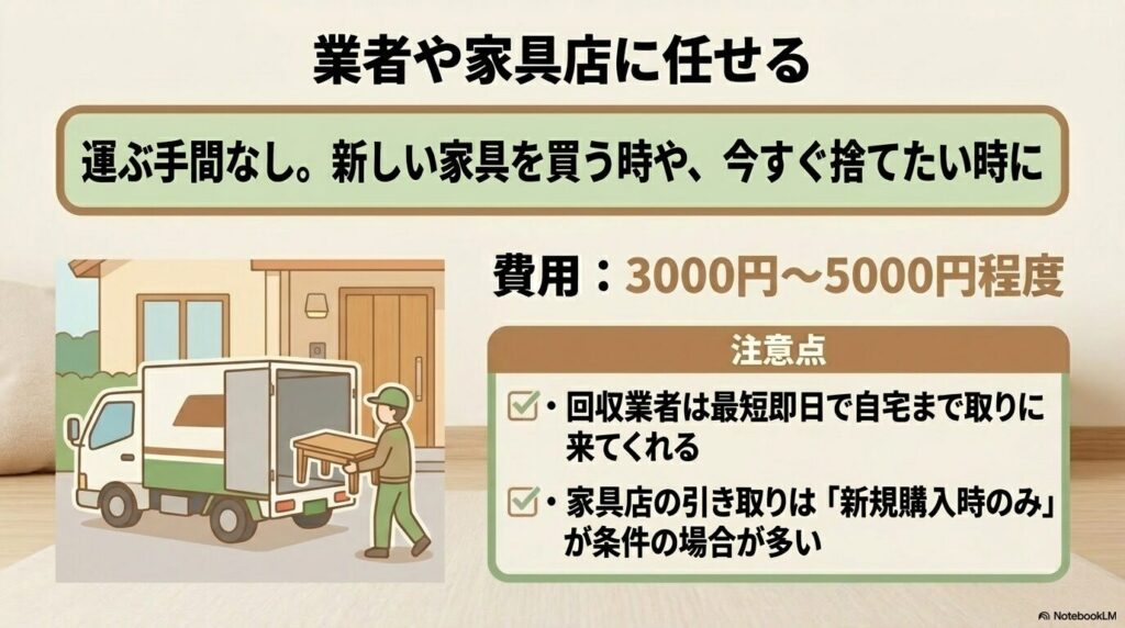 不用品回収業者や家具店への依頼メリット、費用目安（3000円〜5000円）、および注意点の解説。