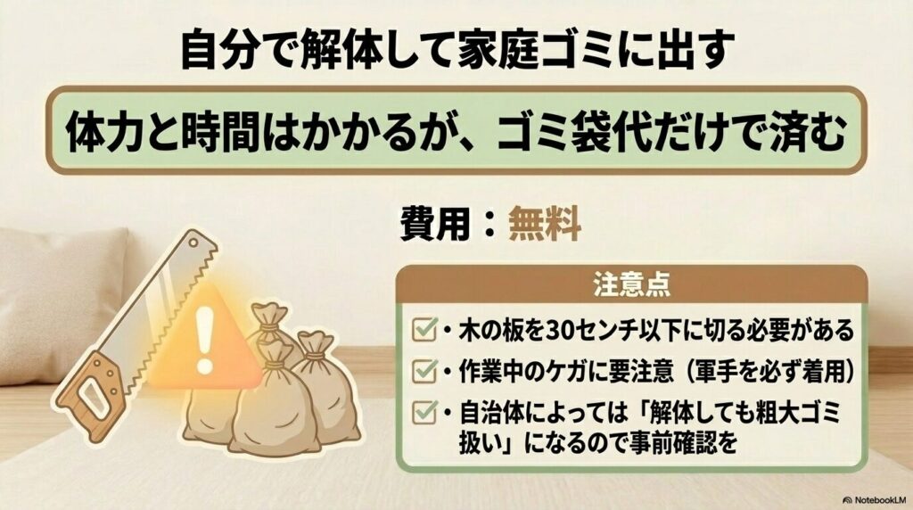 自分で解体して家庭ゴミとして出す方法のメリット、費用（無料）、および作業時のケガなどの注意点。