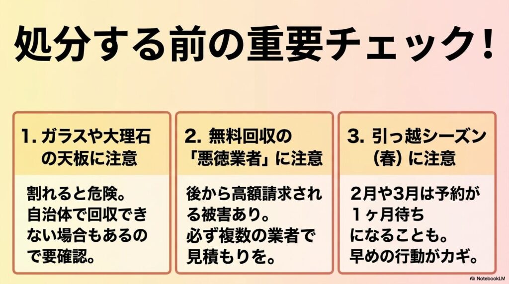 ローテーブル処分前に確認すべき、天板の素材、悪徳業者、引越しシーズンの混雑という3つの注意点。