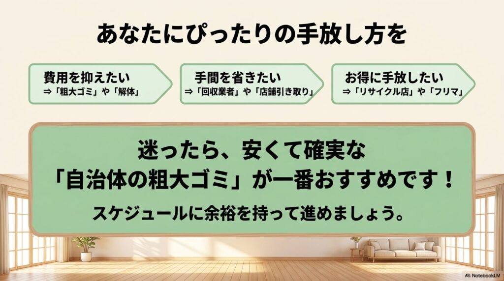 ユーザーの要望に応じたおすすめの処分方法のまとめと、自治体の粗大ゴミが最も推奨されるという結論。