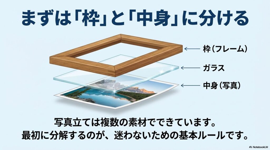 写真立てを枠、ガラス、中身の3つのパーツに分解することを基本ルールとして説明するスライド。