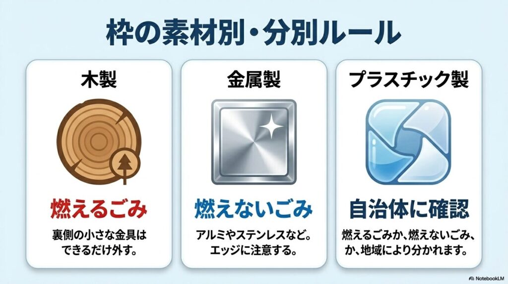 写真立ての枠の素材（木製、金属製、プラスチック製）ごとの分別ルールと注意点を解説するスライド。