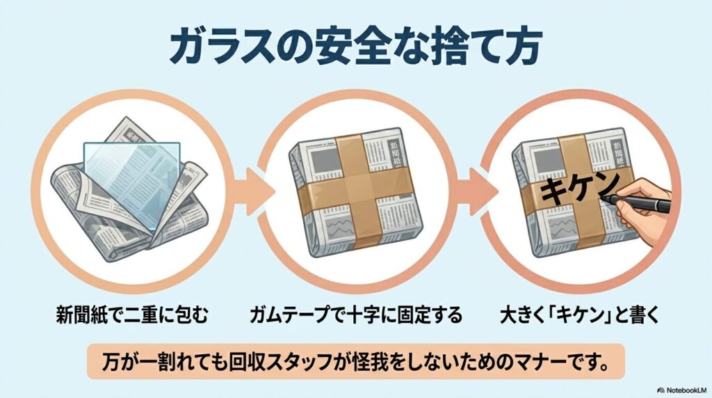 ガラスを新聞紙で包み、ガムテープで固定して「キケン」と明記する安全な捨て方の手順。