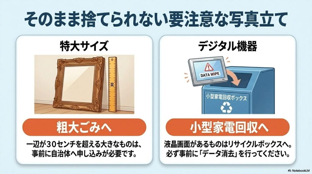 30cm超の特大サイズやデジタルフォトフレームなど、特別な処分が必要なケースを説明するスライド。