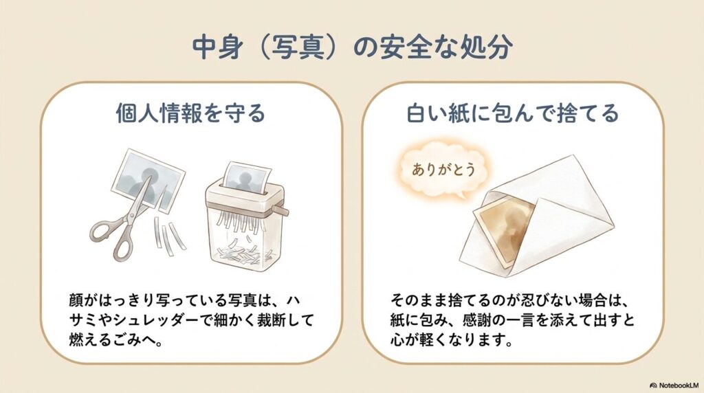 写真の中身を処分する際、個人情報保護のために裁断することや、感謝を込めて紙に包む方法を提案。