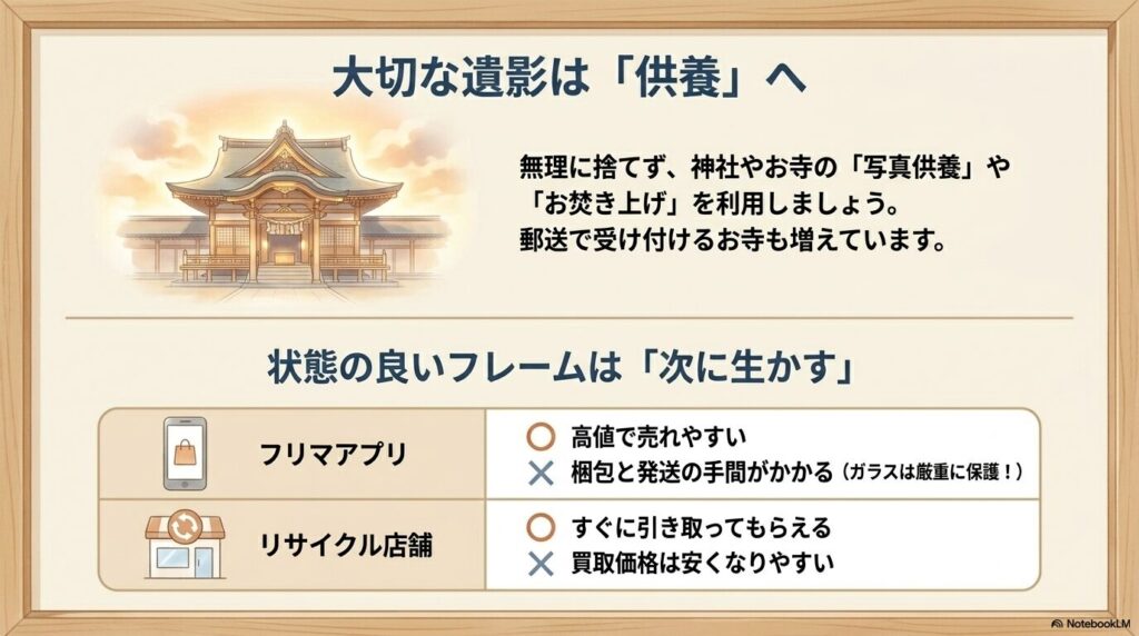 遺影の供養方法と、状態が良い写真立てのフリマアプリやリサイクルショップでの再活用について。