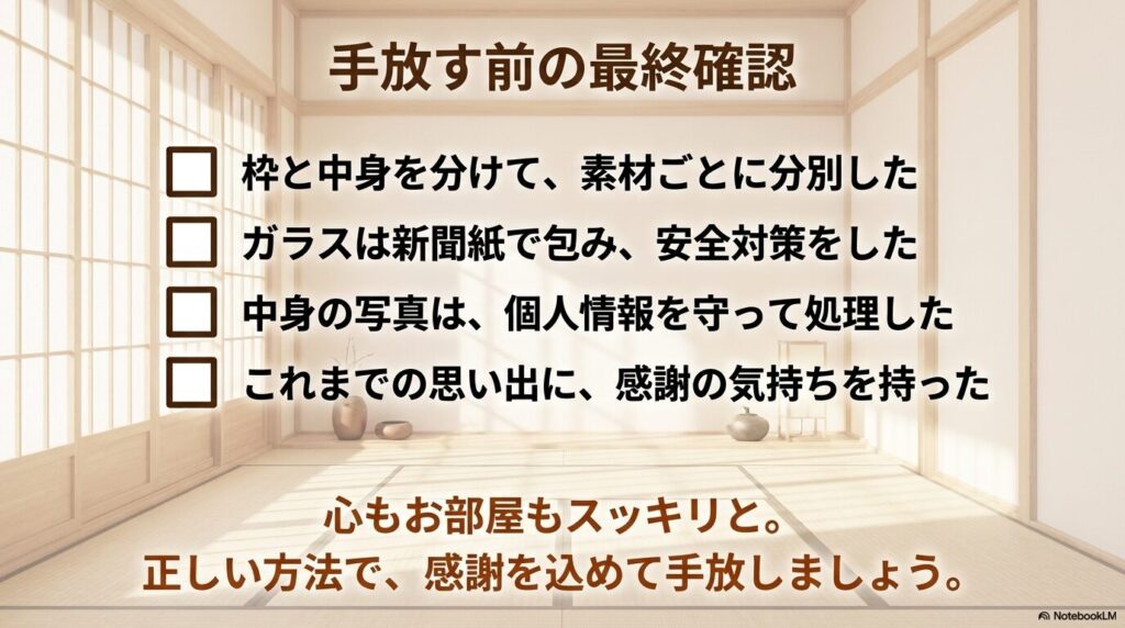 写真立てを手放す前の最終確認として、分別、安全対策、個人情報、感謝の4項目を挙げるチェックリスト。