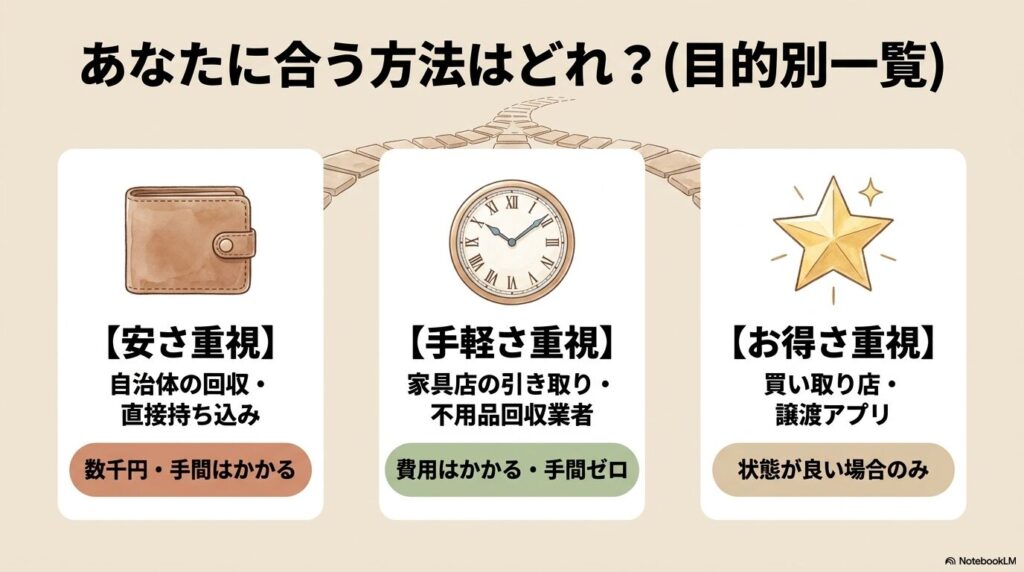 安さ、手軽さ、お得さの3つの観点から、目的別の処分方法を比較しています。