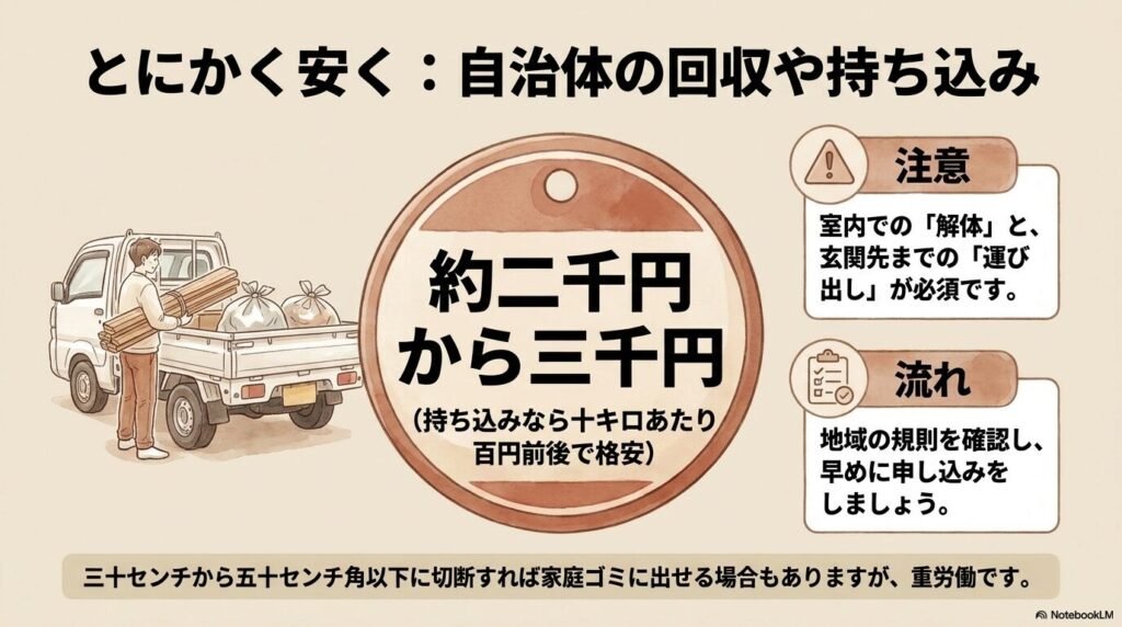 自治体による回収や持ち込み処分の費用目安、注意点、作業の流れを説明しています。