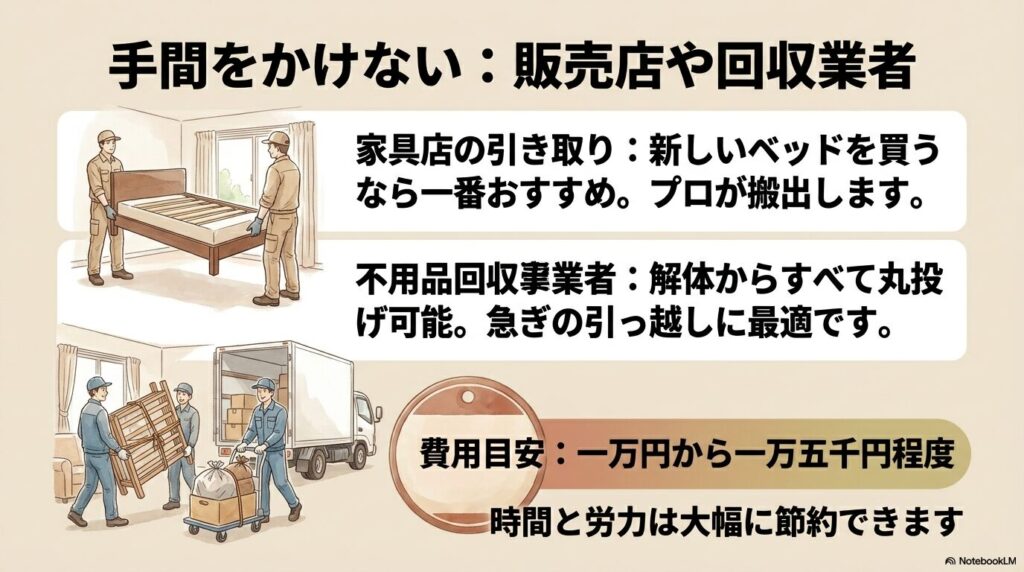 費用はかかるが手間が少ない、家具店や不用品回収業者の利用について解説しています。
