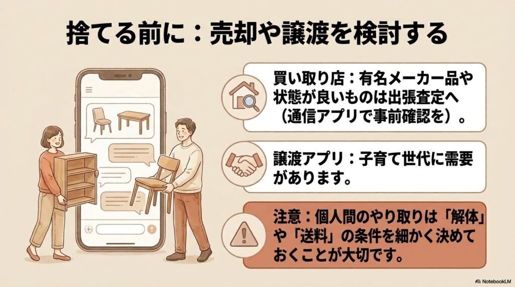 捨てる前に検討すべき、買い取り店や譲渡アプリの活用法と注意点を紹介しています。